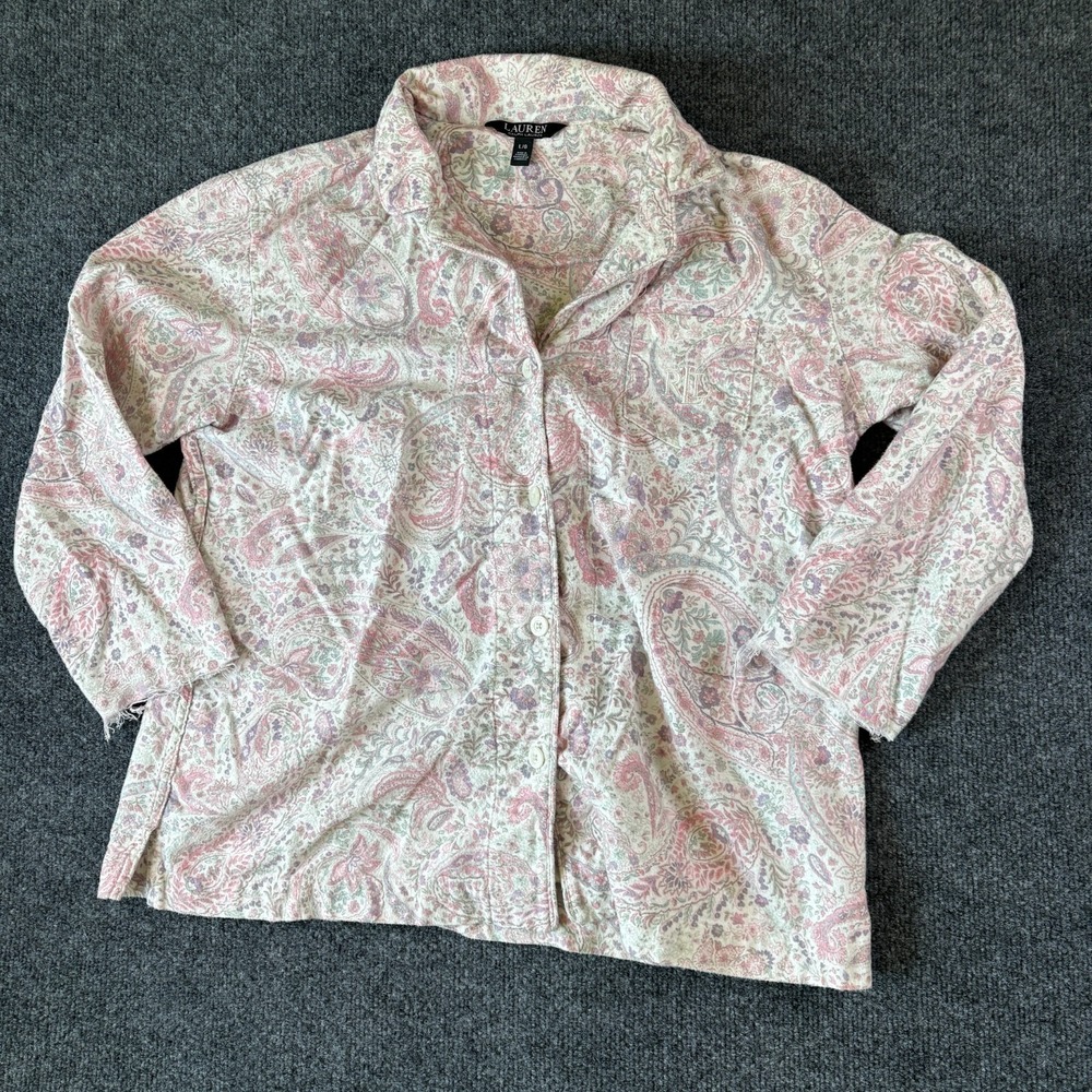 Lauren Ralph Lauren Shirt Women L Multi Paisley Button Front Pocket Raw Cuff Top